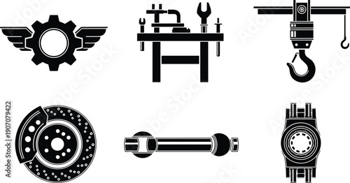 Collection, of, black, industrial, icons, featuring, automotive, brake, disc, mechanical, workbench, crane, hoist, hook, gear, engineering, hardware, equipment, vector, isolated, design, elements