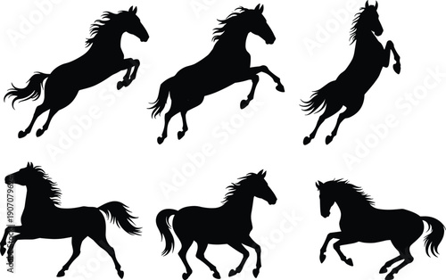 Horse silhouettes collection featuring running and rearing horses in dynamic black vector icon set isolated on white background for equestrian design illustration