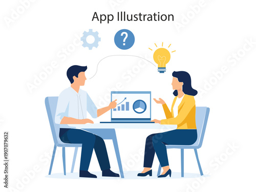 Innovative App Discussion: A dynamic scene of two individuals engaged in a collaborative discussion about a software application, ideas are generated