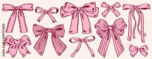 Pink ribbon bows and knots set in sketch style. Gift wrapping elements for wedding, birthday and holiday invitations, cards, labels, packaging, branding, scrapbooking and crafts, stationery and diy