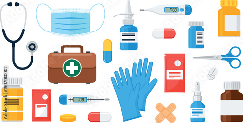 Medical Equipment and First Aid Icon Set Including Mask, Gloves, Medicine, Syringe, and Healthcare Tools for Hospital and Emergency Designs