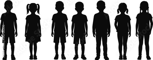 Children silhouette set with boys and girls standing in different poses black human figures vector illustration
