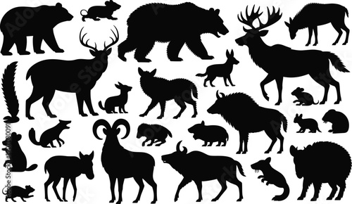 Wild animal silhouette collection featuring bear, deer, wolf and forest mammals isolated on white background, vector wildlife set for nature, hunting and educational design projects