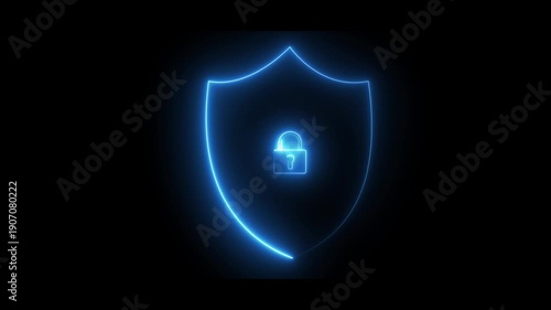 Blue neon glowing shield with lock animation symbolizing cyber security, privacy and data protection. Perfect for apps, websites, fintech and UI overlays in 4K with transparent alpha background.