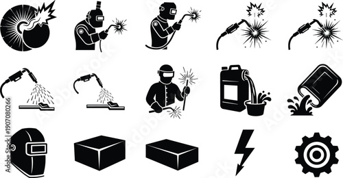 Collection, of, black, welding, icons, industrial, manufacturing, symbols, metal, worker, torch, helmet, gear, spark, electricity, equipment, factory, maintenance, vector, isolated, set, elements