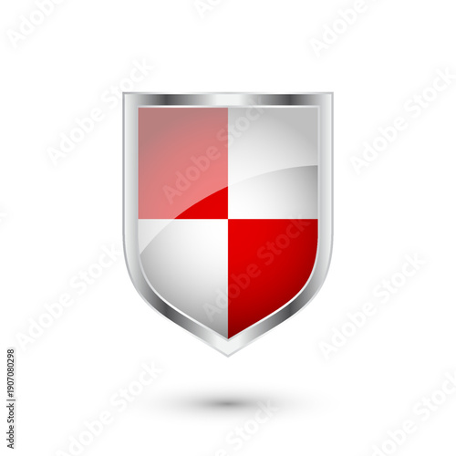 Glossy shield with red and black pattern. Security and protection concept. Cyber safety icons, internet privacy, web defense, digital data protection and antivirus themes. Vector illustration
