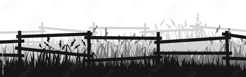 Obraz premium Meadow silhouettes with grass and old wooden fence. Countryside, panoramic summer lawn rural landscape with herbs, weeds. Herbal border, frame element. Black horizontal banners. Vector illustration