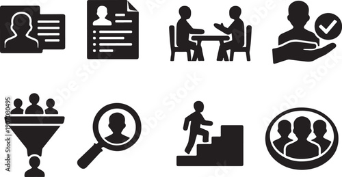 Essential HR and Recruitment Icon Set: Professional Vector Silhouettes for Job Search, CV, Interview Process, Talent Acquisition, Career Growth, and Team Management Concepts.