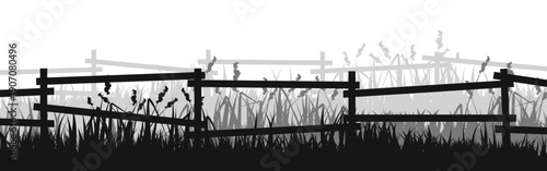 Meadow silhouettes with grass and old wooden fence. Countryside, panoramic summer lawn rural landscape with herbs, weeds. Herbal border, frame element. Black horizontal banners. Vector illustration