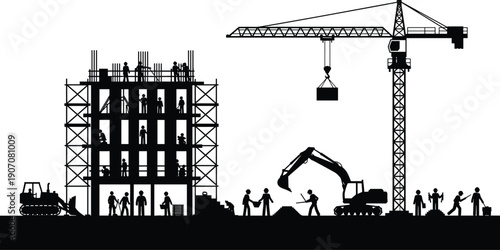 Construction site silhouette with building structure, tower crane lifting load, excavator working, industrial workers, engineering project, urban development, heavy , civil engineering, architecture.