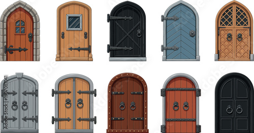 Large vector illustration set of colorful vintage and medieval wooden doors with arched frames and decorative iron hardware hinges.