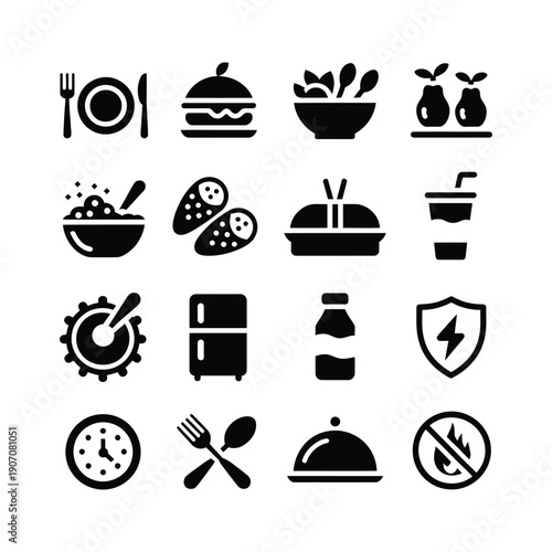 collection of black food and meal icons showing various lunch items like sandwich, salad, fruit and bento box, with symbols for safety and time management in nutrition and daily planning concepts.