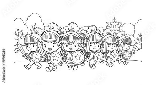 Children's coloring page: cute cartoon knights marching with swords and shields