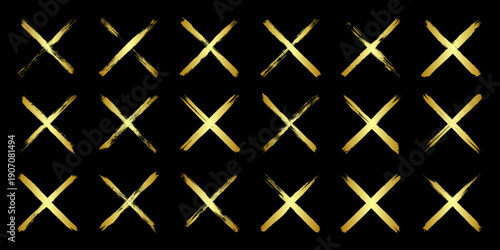 Golden grunge crosses, brush strokes, lines, ink smudges, hand-drawn scribble shapes. Handmade sketchy marks, acrylic stains, charcoal streaks. Paint textures, dry brush effect. Vector illustration