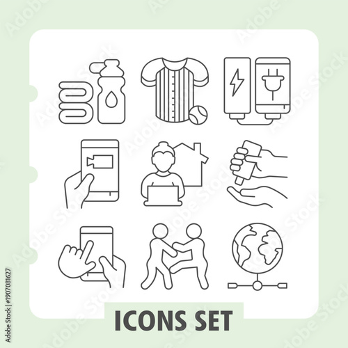 Set of nine simple thin line icons depicting hygiene, daily activities, sports, remote work, technology and connectivity concepts. Ideal for web design, presentations and print on white background.