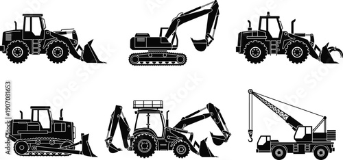 Construction vehicles silhouettes, excavator, bulldozer, crane,, industrial equipment, earthmoving machines, construction site tools, engineering vehicles, excavation equipment, silhouettes