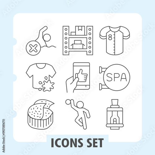 Set of nine simple thin line icons depicting sports, wellness, food, warehousing, clothing and relaxation concepts. Ideal for web design, presentations and print on white background.