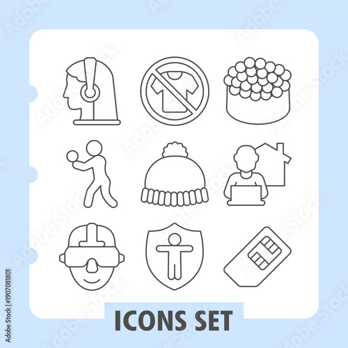 Set of nine simple thin line icons representing music, sports, clothing, safety, food and remote work concepts. Ideal for web design, presentations and print on white background.