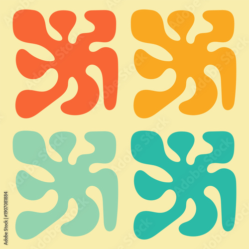 Abstract organic shapes create a vibrant retro pattern, evoking a delightful mid-century design concept
