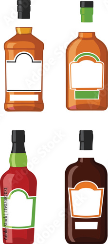 Set of four assorted liquor bottle vector illustrations with blank white labels for brand identity mockup design on white background