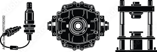 Flat, view, set, of, black, automotive, icons, featuring, car, differential, gear, oxygen, sensor, hydraulic, press, machine, engineering, hardware, vector, isolated, illustration, elements