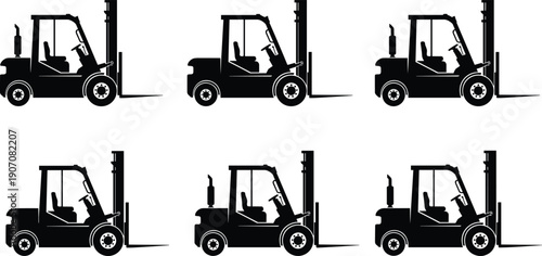 Forklift truck vector icons set featuring industrial warehouse loader machinery for heavy lifting logistics transport storage shipping and commercial factory equipment silhouette