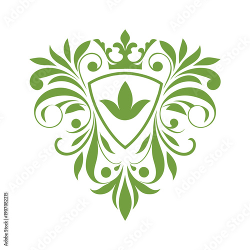 Green floral crest with shield and crown emblem