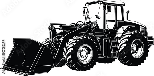 Front end loader silhouette, heavy construction machinery vector, industrial wheel loader, earthmoving equipment, building site vehicle, excavation machine icon, civil engineering tool, landscaping.