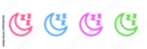 Neon glowing moon and 'zzz' vector icons set, sleep, night, crescent, rest, dreams, bedtime, nocturnal, vibrant colorful digital design illustration on transparent background.