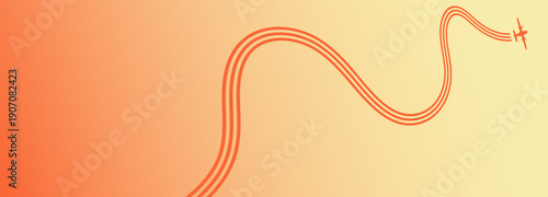 Dynamic orange plane illustration with a winding trajectory symbolizing travel and exploration and future pathways