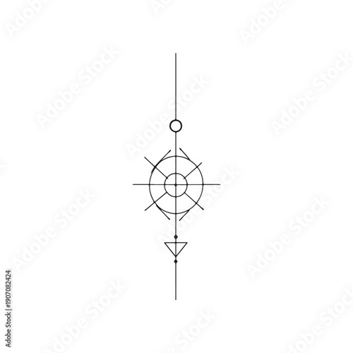 Black and white geometric symbol with concentric circles and diagonal lines