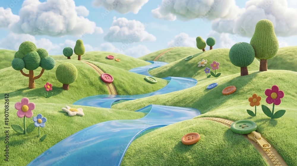 Naklejka premium 3D rendered landscape made of green felt hills, knitted trees and buttons. A whimsical handmade style scene suitable for children content, creative projects and fairy tales.