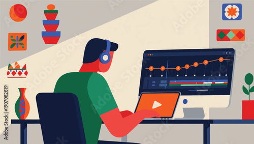 Illustration Of A Man Editing A Video On His Laptop With A Timeline Vector Design Template