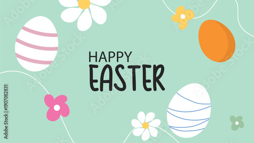 Happy Easter Greeting Card with Cute Eggs and Flowers, Pastel Spring Background Vector. Flat vector illustration, perfect for holiday banners, posters, invitations, and social media