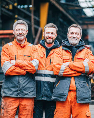 Three smiling workers in bright orange uniforms stand confidently with arms crossed in an industrial setting.