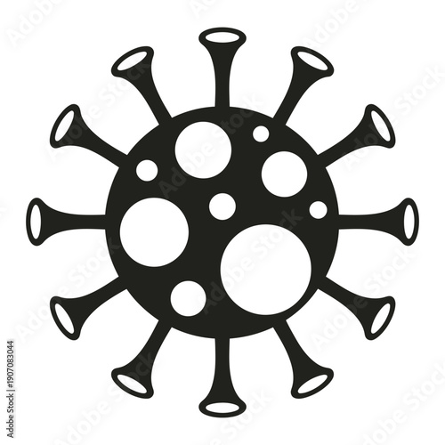 Black and white illustration of a virus cell with spikes and circular patterns icon