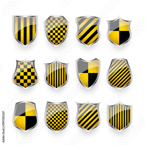 Glossy shields with yellow and black pattern. Security and protection concept. Cyber safety icons, internet privacy, web defense, digital data protection and antivirus themes. Vector illustration