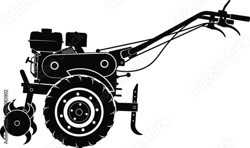 Power, tiller, silhouette, walk, behind, tractor, agricultural, machinery, farm, equipment, motorized, cultivator, engine, tool, industrial, gardening, soil, cultivation, vector, isolated, black, icon
