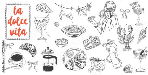 Hand drawn Italian Mediterranean elements. Doodle sketch whimsical brunch, picnic or dinner illustration. Vector ink la dolce vita elements, lobster, pasta, coffee, croissant, olives, sardines, oyster