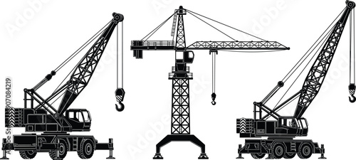 Set of construction crane silhouettes, mobile hydraulic cranes, tower crane vector, industrial lifting equipment, heavy machinery, building site tools, engineering design elements, civil.