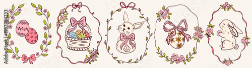 Hand drawn whimsical greeting cards for Easter day. Vintage coquette frames with bows, flower and ribbons, cute bunny, basket, eggs. Vector template for poster, banner, party invitation, greeting card