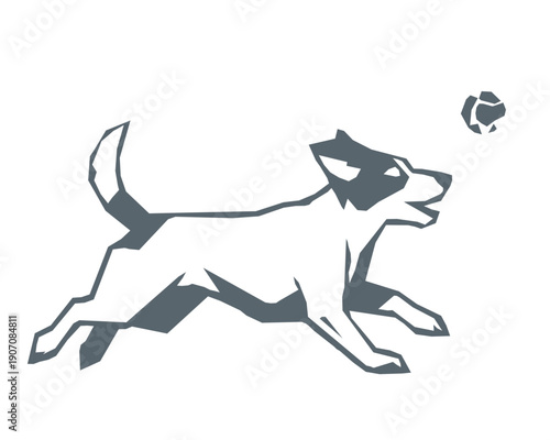 Dog chasing ball silhouette vector illustration geometric style
