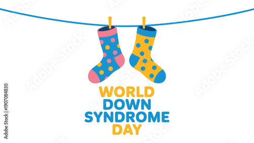 World Down Syndrome Day awareness illustration with colorful mismatched socks hanging on line promoting inclusion, diversity and support