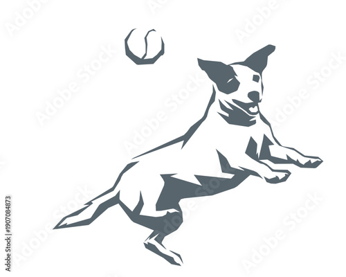 Dog chasing ball silhouette vector illustration geometric style
