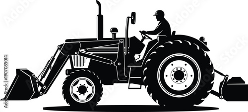 Tractor with front end loader silhouette, agricultural machinery vector, farming equipment icon, construction loader with operator, heavy industrial vehicle, farm tractor, landscaping.