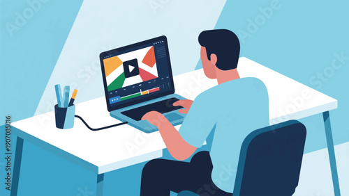 Illustration Of A Content Creator Editing A Video On A Laptop Vector Design Template