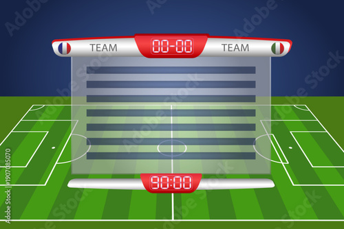 Football team scoreboard. Football or soccer cup players statistics table board on playing field background design. Global stats soccer broadcast graphic.