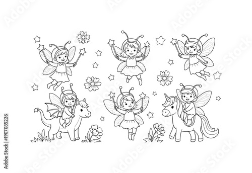 Cute fairy children with wings and wands in magical outfits surrounded by stars and flowers
