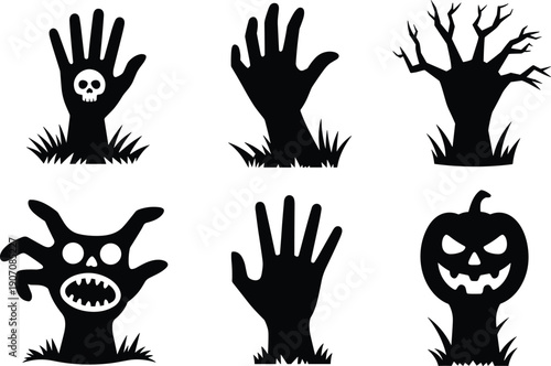 Halloween spooky silhouettes of zombie hands, haunted tree, creepy monster and pumpkin graveyard icons for horror themed design illustration set