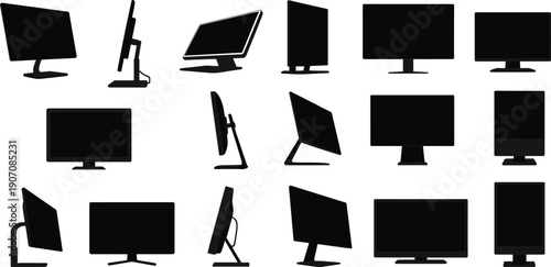 Computer monitor silhouette collection showing various modern desktop screens, flat display devices and office technology equipment isolated on white background illustration